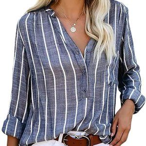 Astylish Womens V Neck Striped Roll up Sleeve Button Down Blouses Top